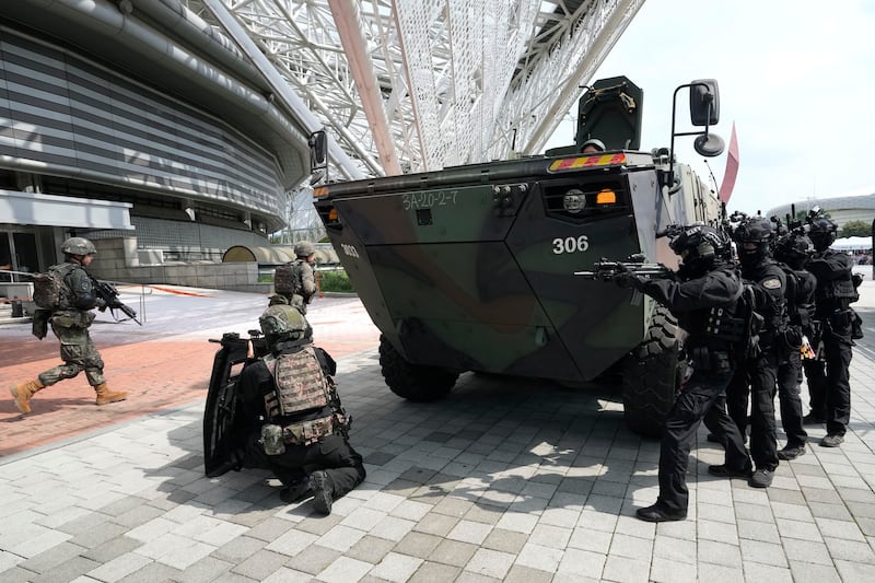 South Korea’s police special operations unit carries out an anti-terror drill as a part of the Ulchi Freedom Shield military exercise with the US in Seoul (Ahn Young-joon/AP)