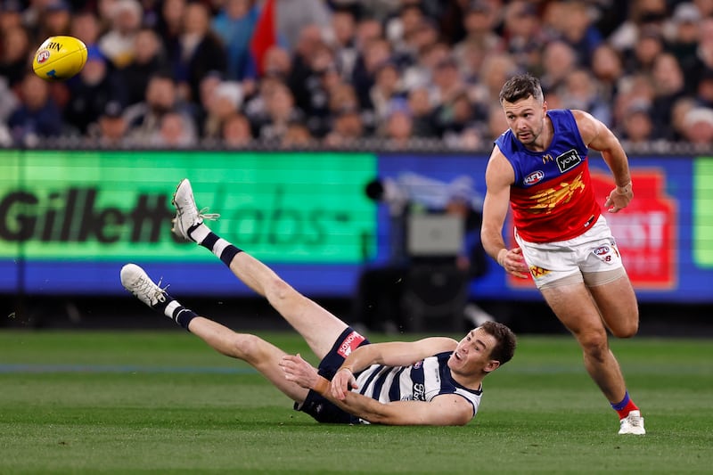 MELBOURNE, AUSTRALIA - SEPTEMBER 21: Jeremy Cameron of the Cats competes with Conor McKenna of the Lionsduring the AFL Preliminary Final match between Geelong Cats and Brisbane Lions at Melbourne Cricket Ground, on September 21, 2024, in Melbourne, Australia. (Photo by Darrian Traynor/AFL Photos/via Getty Images)