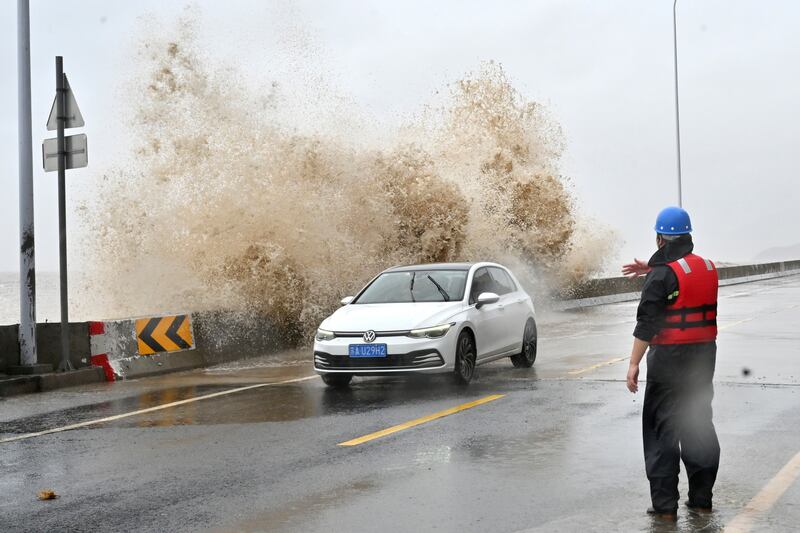 Waves lash the shore ahead of landfall by Typhoon Gaemi in Xiapu County, in China’s Fujian province (Jiang Kehong/Xinhua/AP)