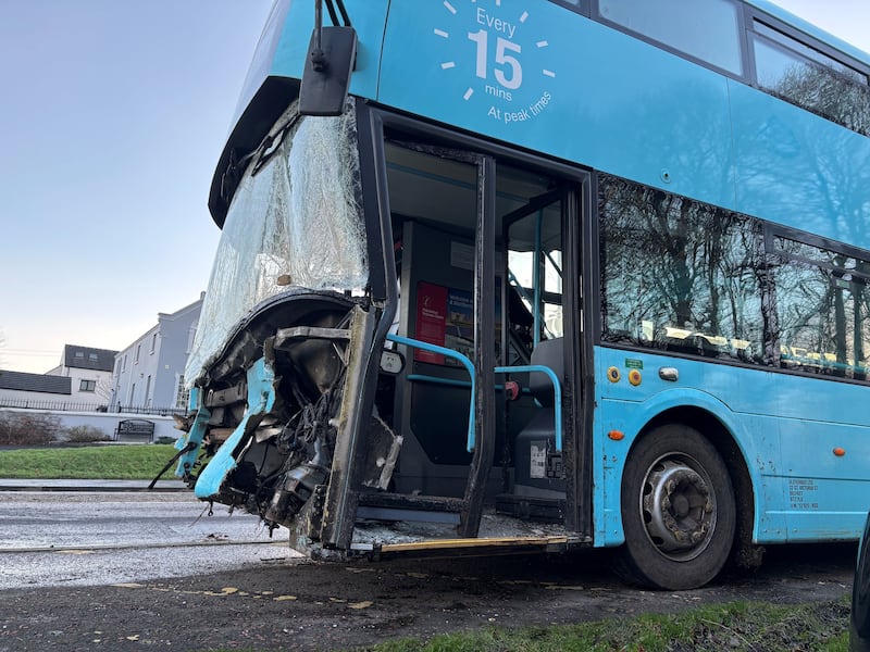 The wreckage of an airport bus which crashed on the way to Belfast International Airport during Storm Darragh