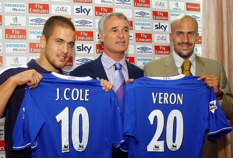 Claudio Ranieri, centre, signed a host of big-name players during his time at Chelsea, including Joe Cole, left, and Juan Sebastian Veron, right