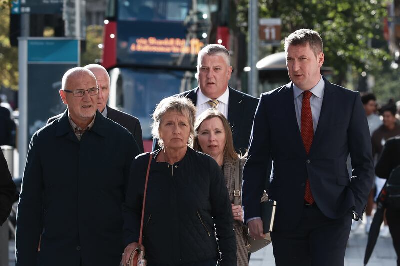 The family of Pat Finucane (left-right) Seamus Finucane, Geraldine Finucane, Katherine Finucane and John Finucane arrive at Erskine House in Belfast