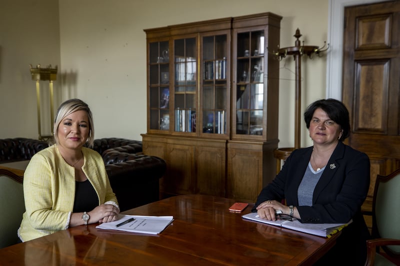 Dame Arlene Foster and Michelle O’Neill during the Covid pandemic