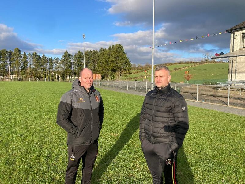 Ciaran McKeever (left) and Stephen Reel on the St Patrick's Cullyhanna pitch last Tuesday