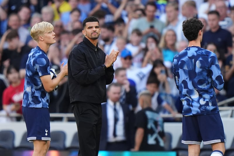 New Tottenham signing Dominic Solanke (centre) was presented to the crowd before the friendly