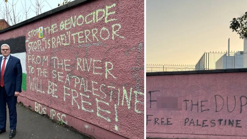 DUP leader Gavin Robinson posed beside the graffiti at the Royal Victoria Hospital before it was removed and new graffiti was later added (right)