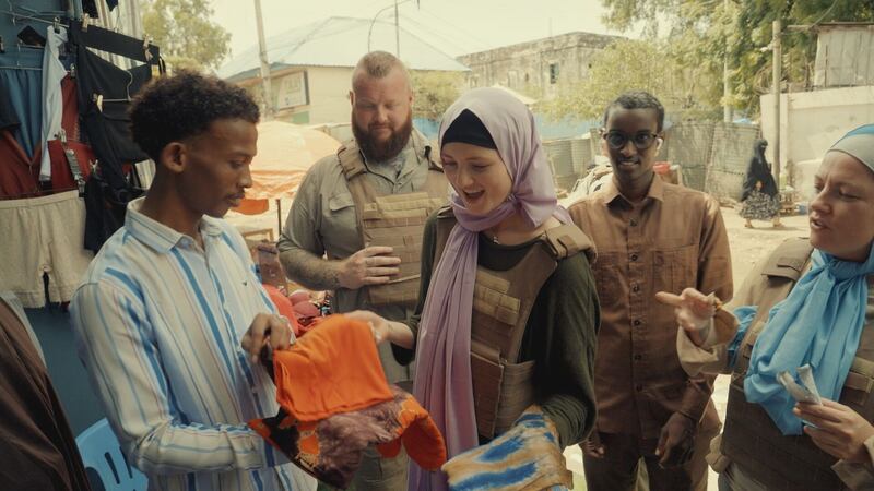 Nathan, Mathilda and Jess in market in Mogadishu, Somalia.