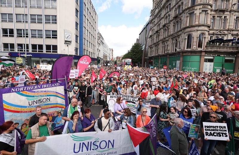 Several thousand anti-racism protesters have gathered in Belfast city centre for another demonstration on the back of a week of violence and disorder.

The rally was organised by a collective of organisations, including the trade union movement, United Against Racism and End Deportations Belfast.
PICTURE COLM LENAGHAN