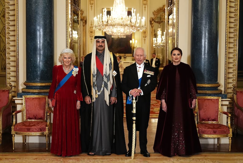 The King (second right) and Queen (left) with the Emir of Qatar Sheikh Tamim bin Hamad Al Thani and his wife Sheikha Jawaher ahead of the state banquet