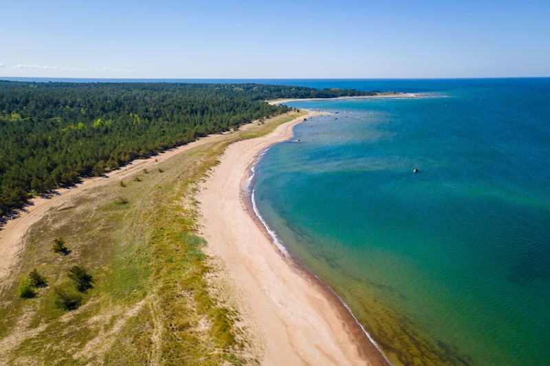 Aerial view of the Baltic sea beach in Estonia on a sunny day