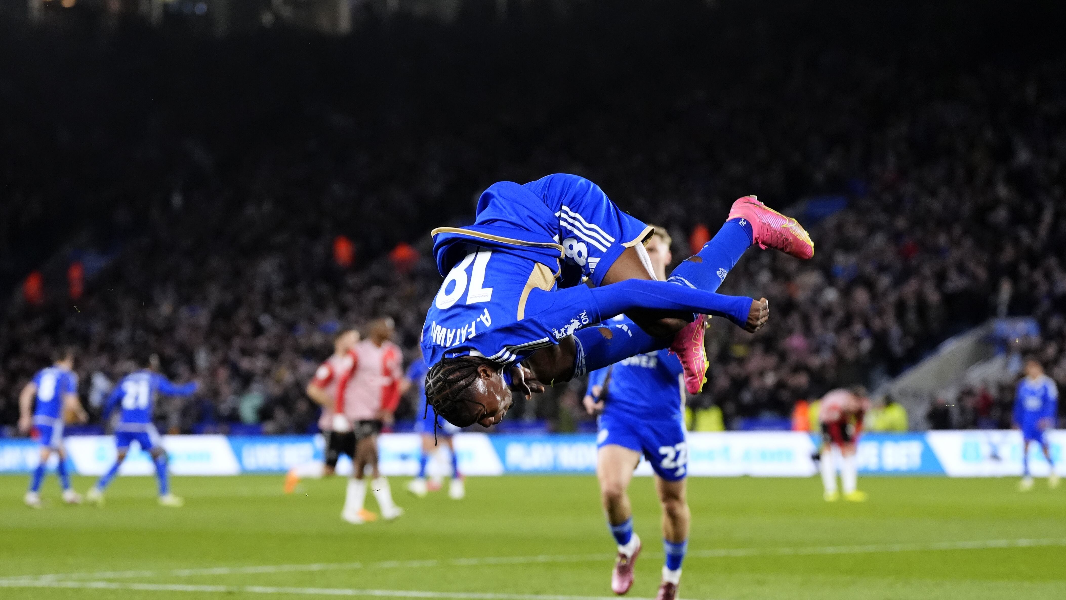 Abdul Fatawu celebrates scoring Leicester’s first goal