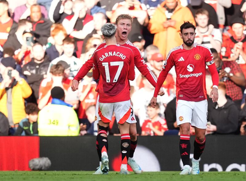 Rasmus Hojlund, centre, scored his first Premier League goal since May on Saturday