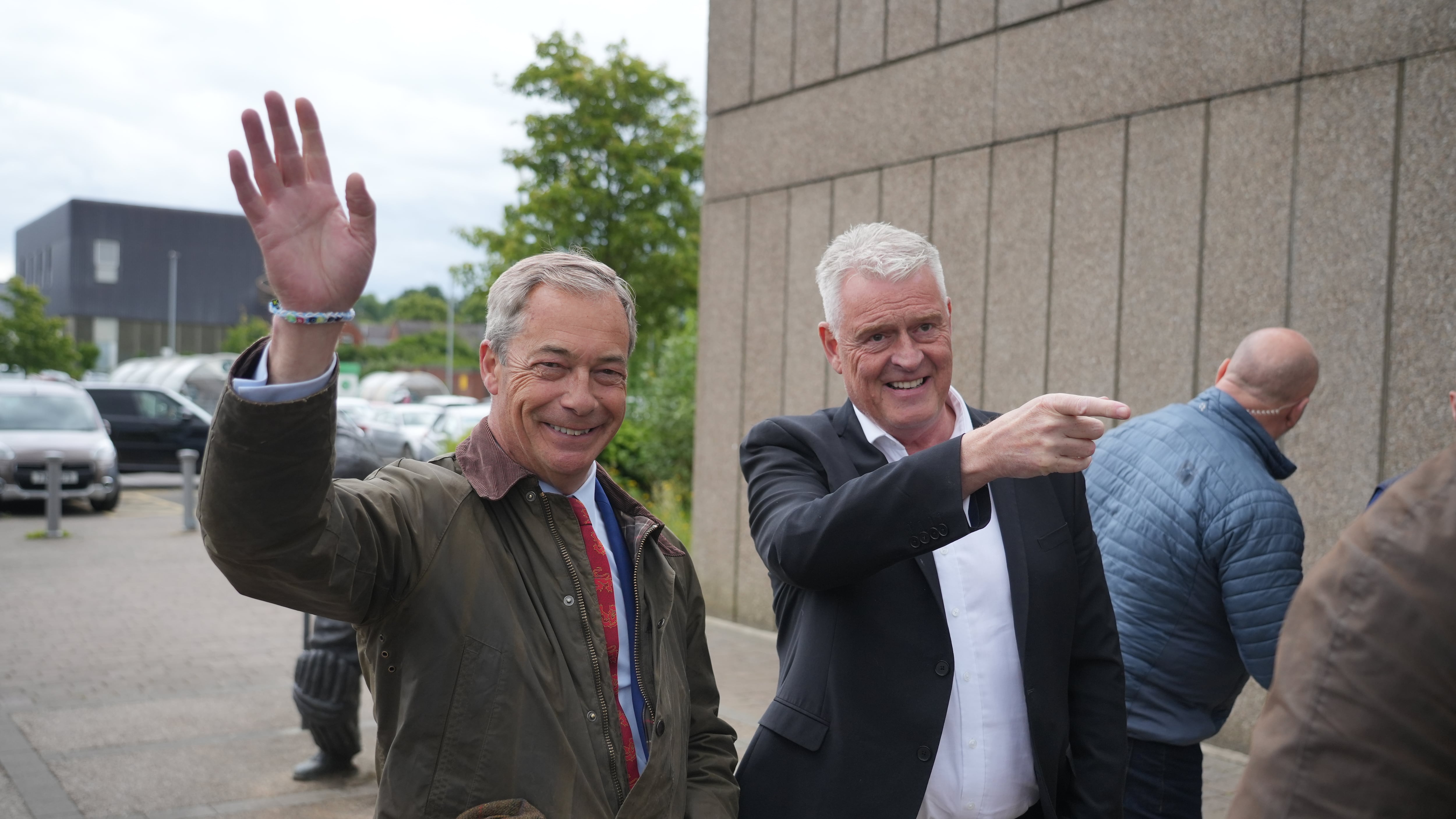 Reform UK leader Nigel Farage and Lee Anderson, Reform UK parliamentary candidate for Ashfield, in Ashfield, Nottinghamshire