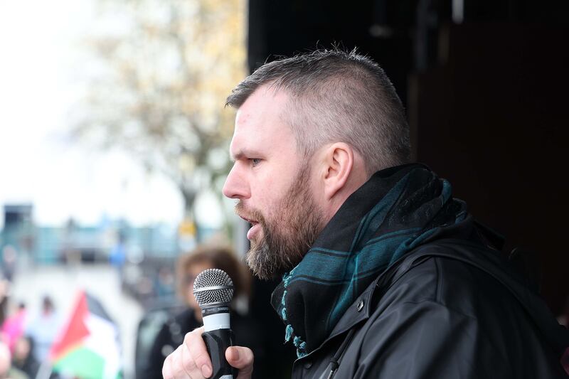 People Before Profit's Gerry Carroll speaking at the Ireland Palestine Solidarity Campaign rally in Belfast. Picture by Mal McCann