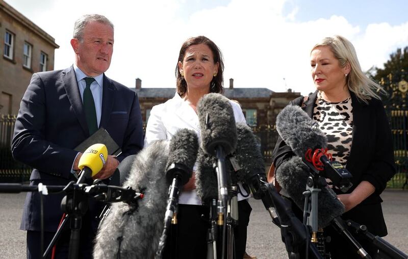 &nbsp;Mary Lou McDonald (centre), speaks to the media alongside Conor Murphy (left) and Michelle O'Neill (right), after their meeting with Prime Minister Boris Johnson at Hillsborough Castle, during the Prime Minister's visit