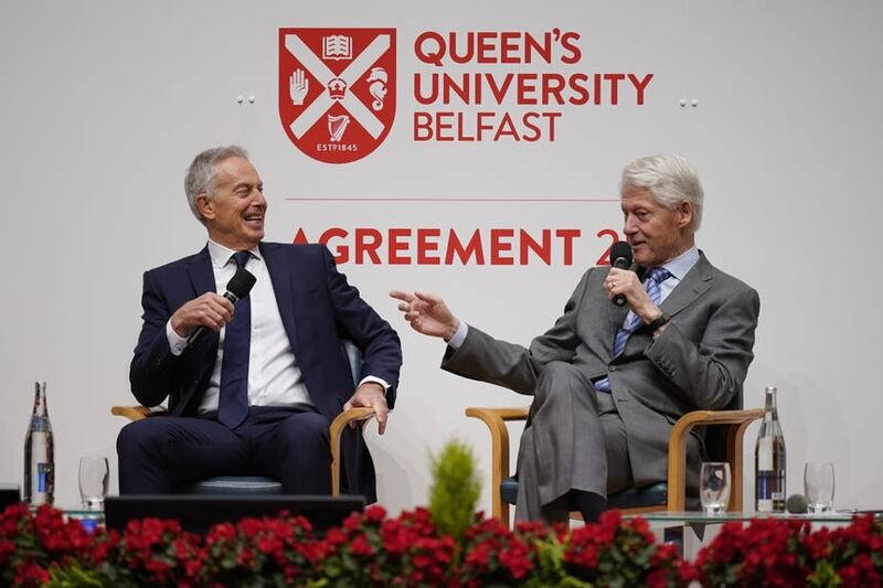 Sir Tony Blair and former US president Bill Clinton on stage during the three-day international conference at Queen’s University Belfast to mark the 25th anniversary of the Belfast/Good Friday Agreement (Niall Carson/PA)