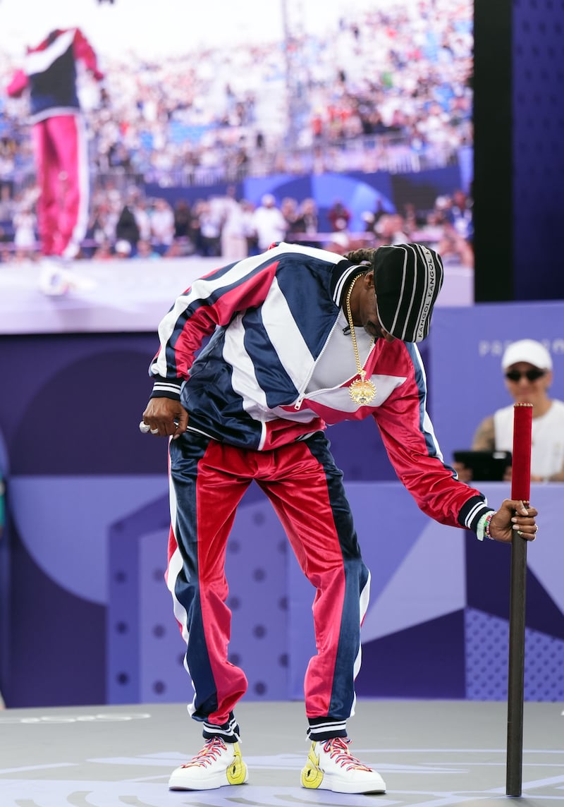 Snoop Dogg with the brigadier, used in the theatre to mark the opening of a performance, ahead of the Breaking at La Concorde