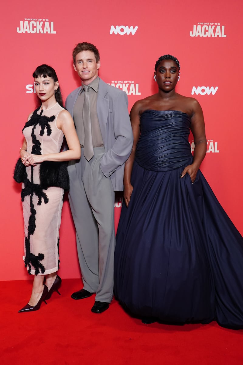 Ursula Corbero, Eddie Redmayne and Lashana Lynch attending the Day of the Jackal UK premiere