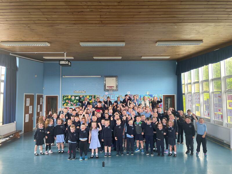 The pupils at St Patrick's PS, Newtownstewart show their support for Jude Gallagher