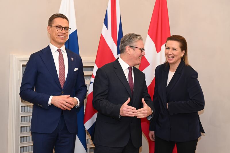 President of Finland Alexander Stubb and Prime Minister of Denmark Mette Frederiksen at a meeting with Prime Minister Sir Keir Starmer in December