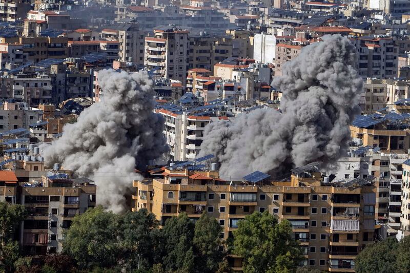 Smoke rises after an Israeli air strike on Dahiyeh, in the southern suburb of Beirut, Lebanon, on Tuesday (Bilal Hussein/AP)