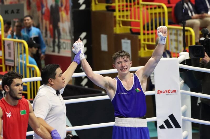 Jude Gallagher celebrates after Monday njght's victory over Shukur Ovezov sealed his place at this summer's Olympic Games in Paris. Picture courtesy of Tara Robins Mari