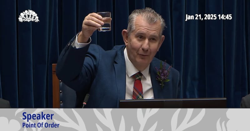 Stormont Speaker Edwin Poots issues a reminder around protocol to MLAs in the Northern Ireland Assembly on Tuesday afternoon, including telling MLAs to dress smartly and reminding them that cups of coffee and cans cannot be brought into the Chamber, and that they are provided with a glass of water during plenary sessions.