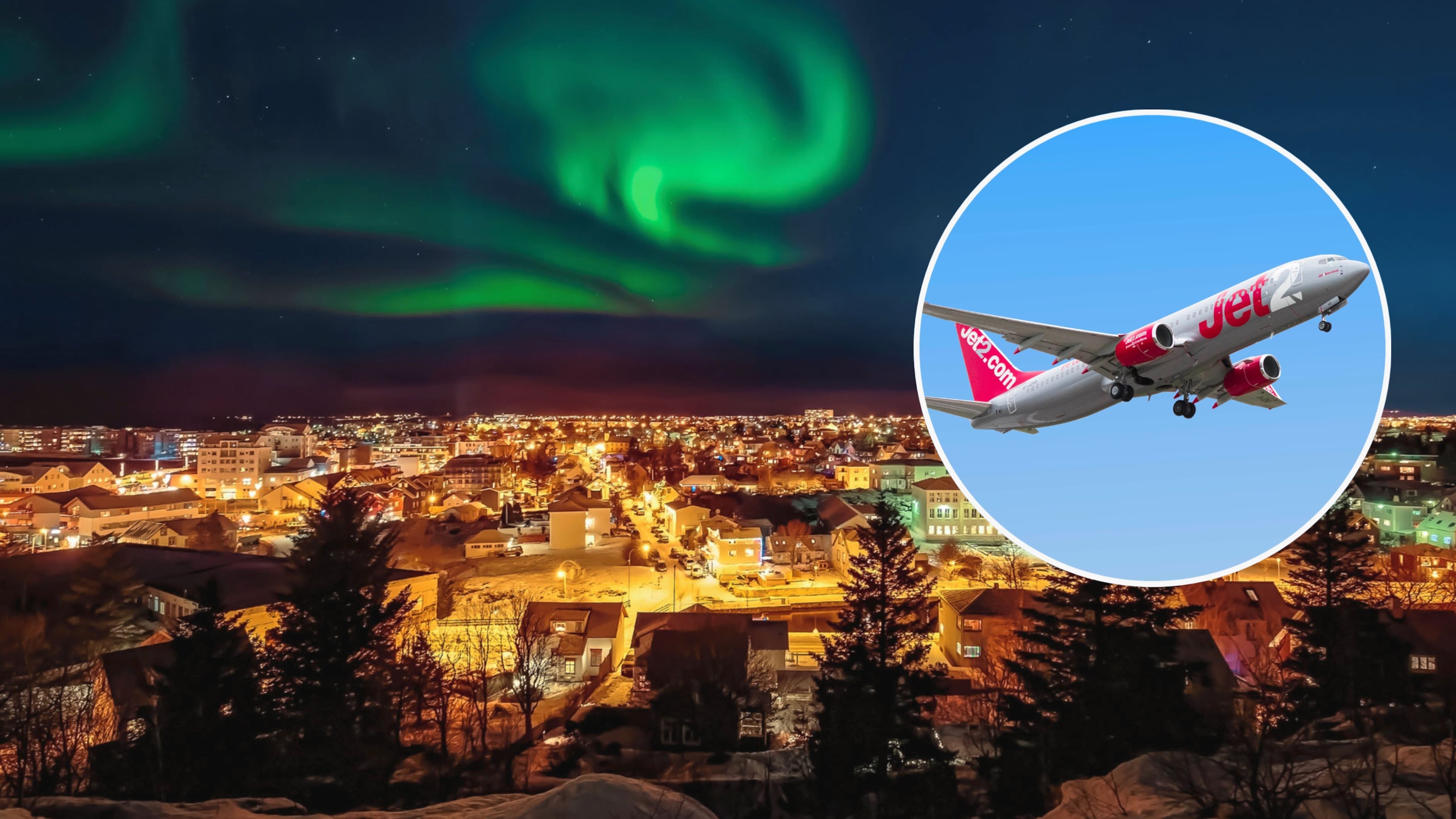 A view over an Icelandic town at night with the green Northern Lights visible in the sky. Inset is a Jet2 aircraft.