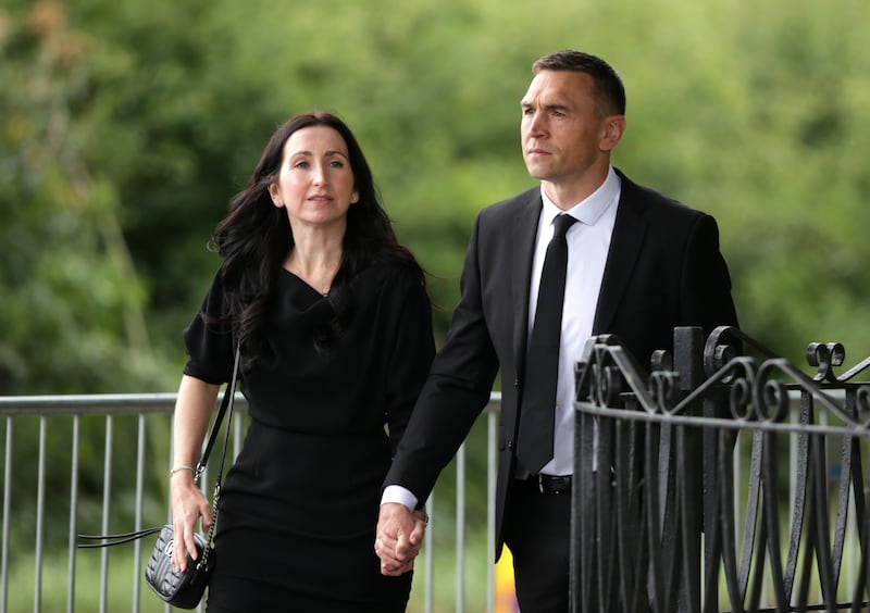 Kevin Sinfield and his wife Jayne arrive at Pontefract Crematorium, West Yorkshire, before the funeral for former Leeds Rhinos player Rob Burrow