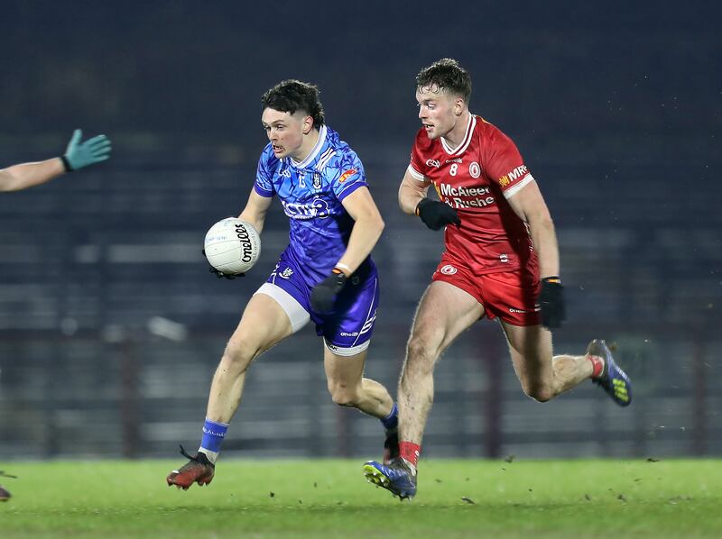 Gary Mohan on the attack as Brian Kennedy gives chase at O'Neill's Healy Park. Picture: Margaret McLaughlin