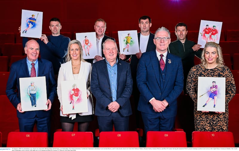 16 January 2025; In attendance are, front row from left, Michael Bond, Bríd Stack, Ard Stiúrthóir TG4 Alan Esslemont, Uachtarán Chumann Lúthchleas Gael Jarlath Burns, and Ursula Jacob, back row from left, Pádraic Maher, Ronan Clarke, Eamon McGee and Ben O'Connor during the launch of TG4's award-winning Laochra Gael series at the Light House Cinema in Dublin. The Gaelic sport biography series returns with eight new GAA legends profiled for Season 23. Photo by Seb Daly/Sportsfile