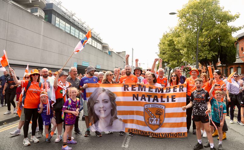 Natalie McNallly Family including brother Niall and Declan  arrive after a charity walk ahead of  Sunday’s All-Ireland SFC Final at Croke Park in Dublin. 
PICTURE COLM LENAGHAN