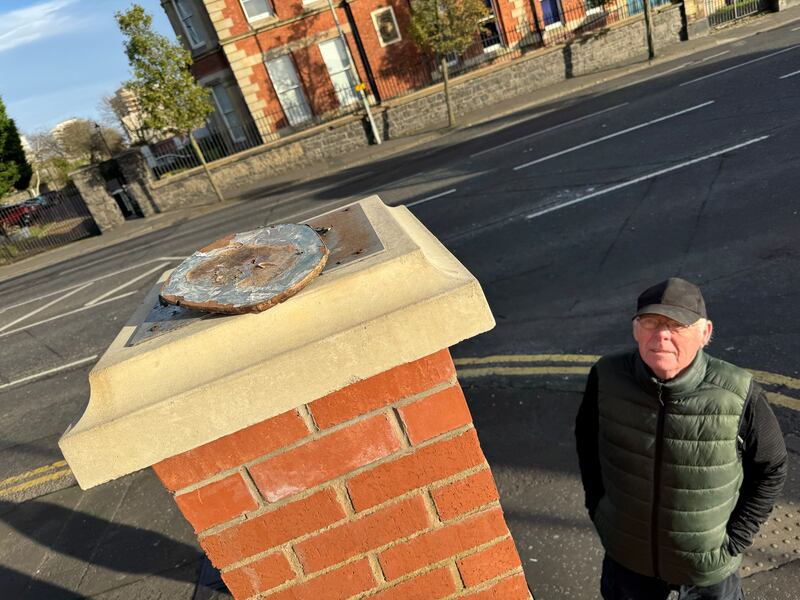 Frank Dempsey at the plinth in Carrickhill where the bust of Mary Ann McCracken was stolen from at the weekend. PICTURE: MAL MCCANN