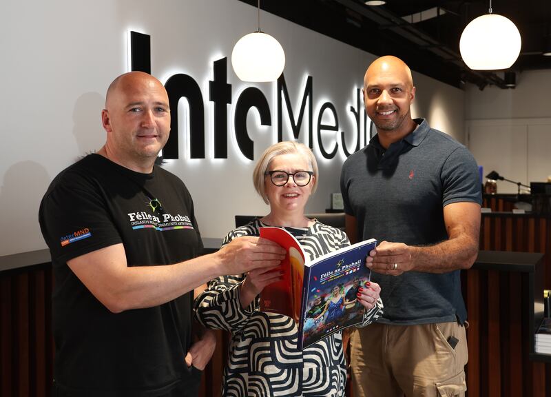 Féile an Phobail Director Kevin Gamble , IntoMedia Group Deputy CEO Sinead Cavanagh and Q Radio Presenter Ibe Sesay launching the media partnership