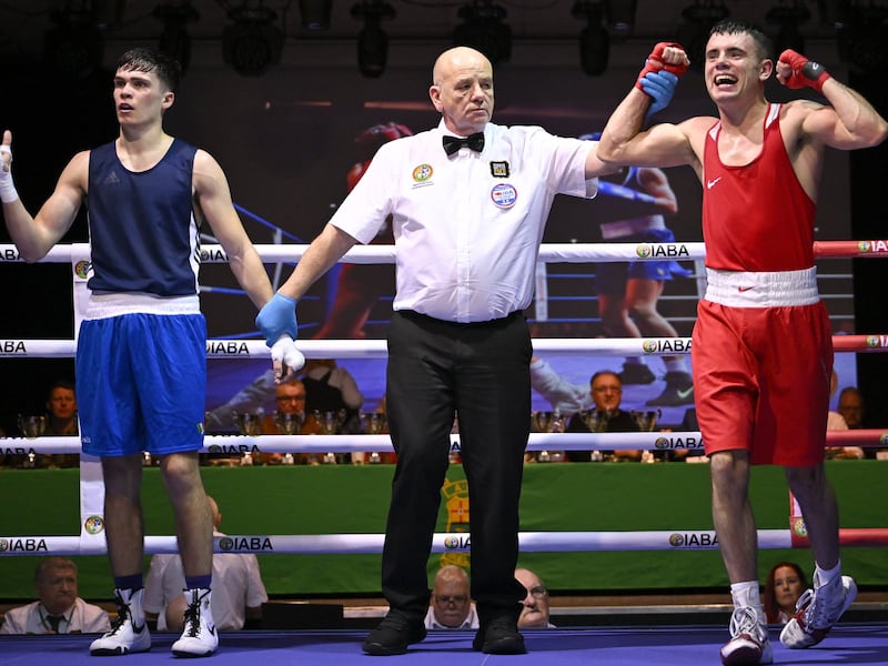 Rhys Owens celebrates after defeating Adam Hession in Friday's lightweight final of the Irish Elite Championships. Photo by David Fitzgerald/Sportsfile