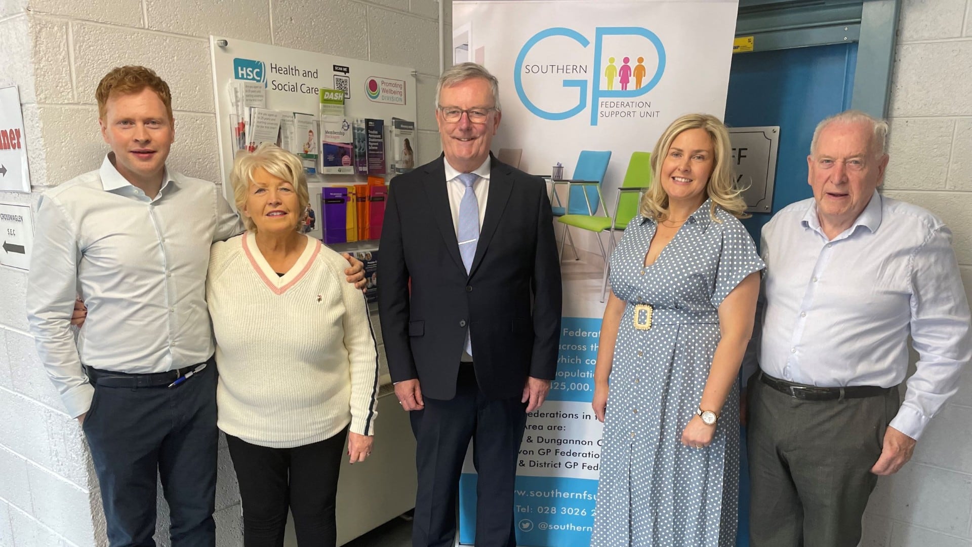 Health Minister Mike Nesbitt with Rathkeeland House Surgery partners Drs Kevin and Brid Allen and their parents, Dr Mary Allen and Mr Paddy Allen. PICTURE: DEPARTMENT OF HEALTH