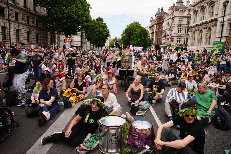 Protesters sat on Whitehall during the Restore Nature Now demo