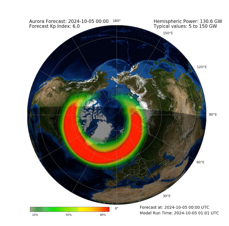 The latest forecast from the Met Office shows Northern Ireland should have a 90% chance of visibility of the Northern Lights at midnight - however this is dependent on cloud coverage (Met Office)