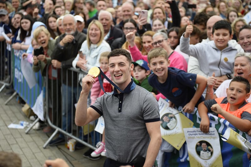 Olympic gold medallist Rhys McClenaghan, who won gold for Ireland in gymnastics during a homecoming celebration in Newtownards, County Down, Northern Ireland.