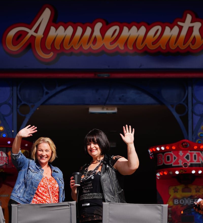 Joanna Page, who plays Stacey Shipman, and Ruth Jones, who plays Nessa Jenkins (right), during filming for the Gavin And Stacey Christmas Day special in Barry in the Vale of Glamorgan, Wales