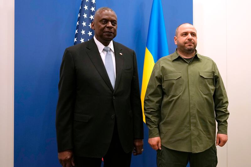 US Defence SecretaryLloyd Austin with Ukrainian Defence Minister Rustem Umerov prior to bilateral talks on the sidelines of a Nato defense ministers’ meeting in Brussels (Virginia Mayo/Pool/AP)