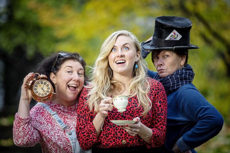 Getting ready for Alice: The Musical at the Lyric theatre are, from left, Christina Nelson (White Rabbit), Ruby Campbell (Alice) and Allison Harding (Queen of Hearts) 