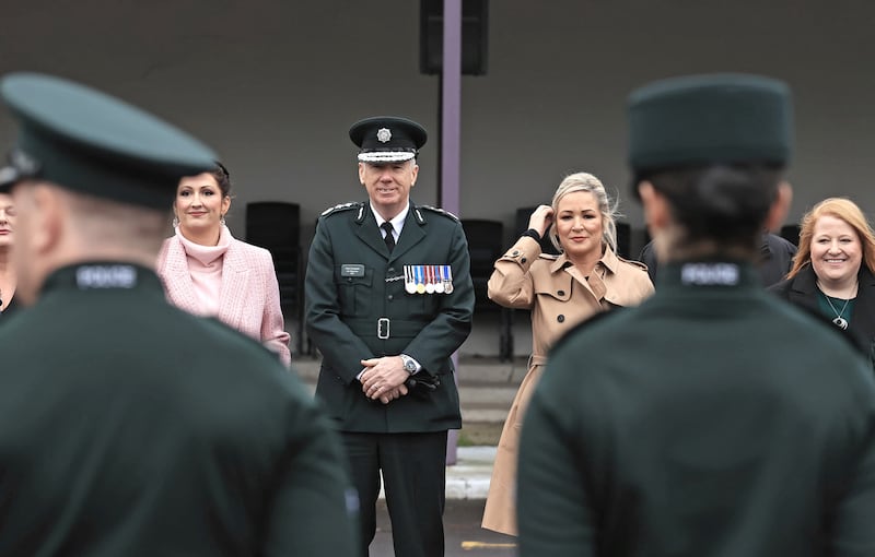 Deputy First Minister Emma Little-Pengelly, Chief Constable Jon Boutcher, Northern Ireland First Minister Michelle O’Neill and Justice minister Naomi Long attending a PSNI graduation ceremony