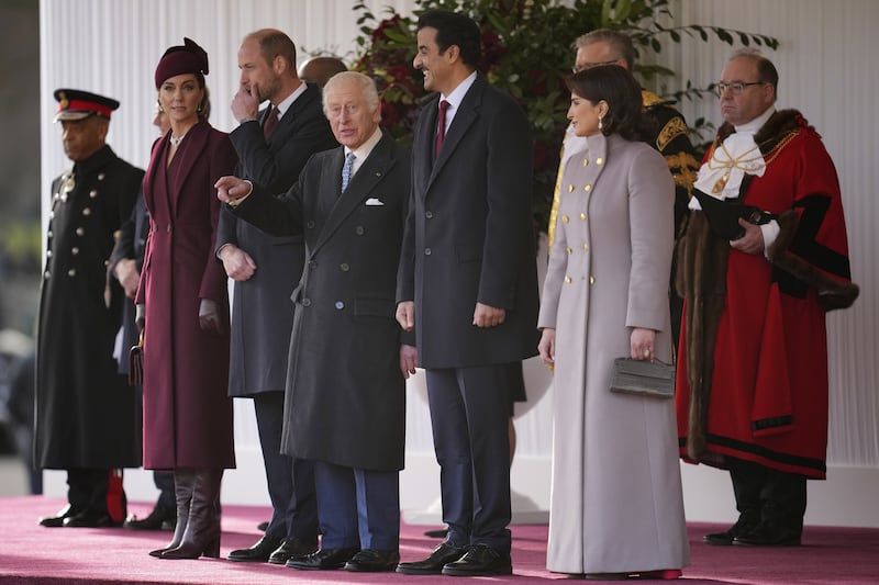 The Prince and Princess of Wales and King welcome the Emir of Qatar Sheikh Tamim bin Hamad Al Thani (second right) and his wife Sheikha Jawaher (right) at a ceremonial welcome at Horse Guards Parade