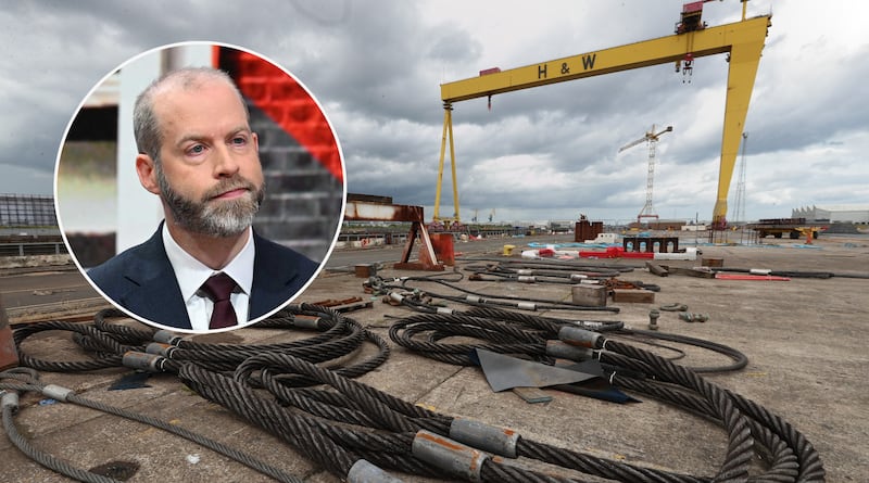 The UK's Business Secretary Jonathan Reynolds (inset) and a wide view of the Harland & Wolff shipyard in Belfast.