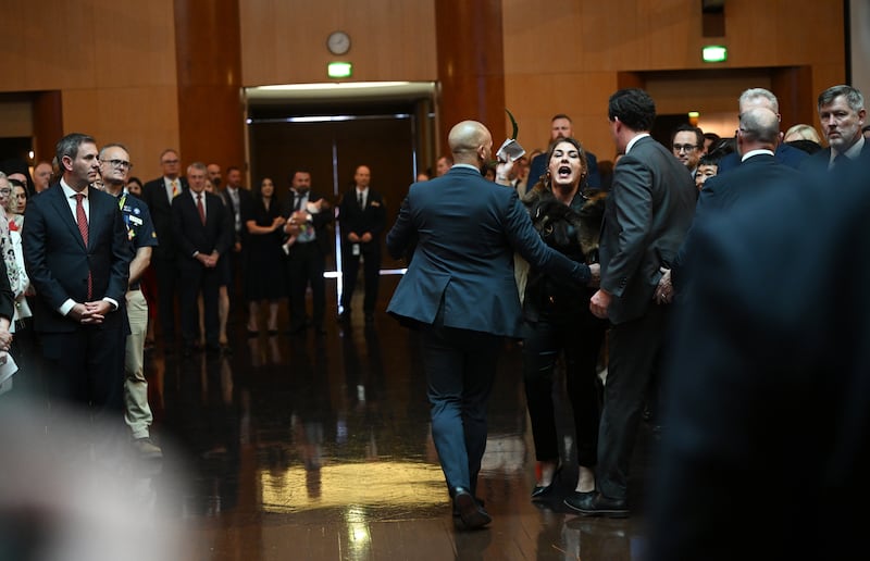 Australian senator Lidia Thorpe protests during the Ceremonial Welcome to Australia for King Charles III and Queen Camilla at Australian Parliament House in Canberra on Monday