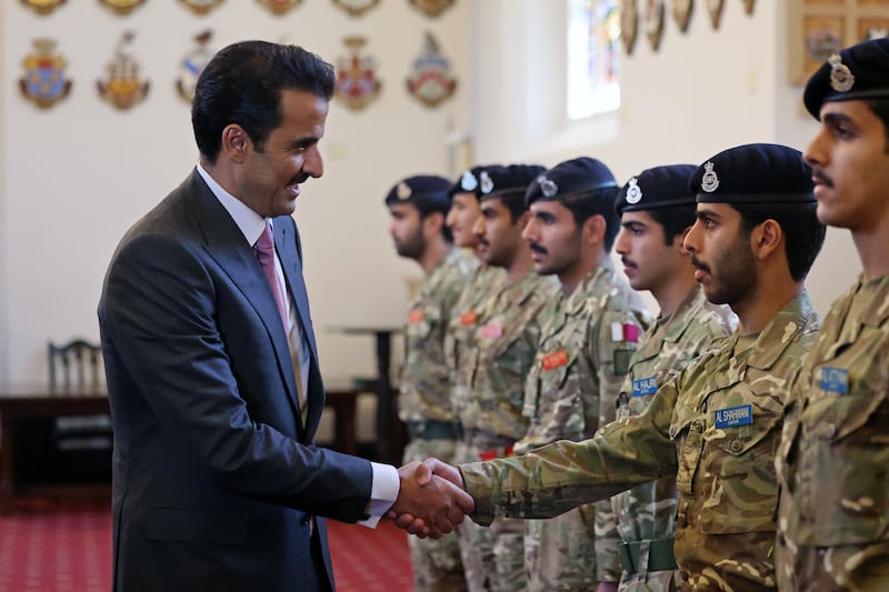 The Emir of Qatar speaks to Qatari cadets during a visit to Royal Military Academy Sandhurst