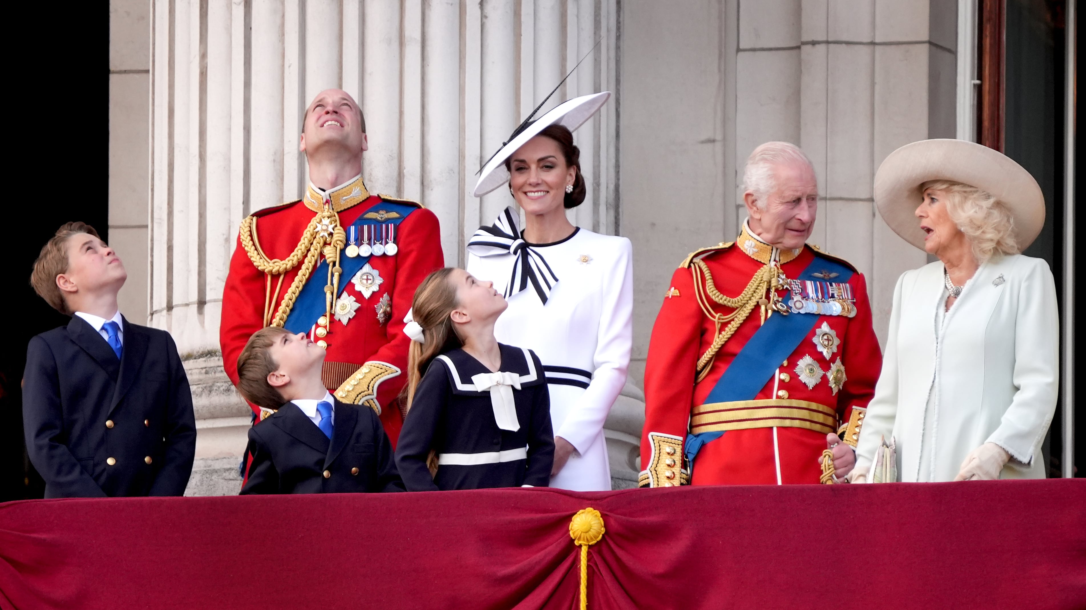 The Prince and Princess of Wales with their children, Prince George, Prince Louis and Princess Charlotte and the King and Queen on the balcony of Buckingham Palace