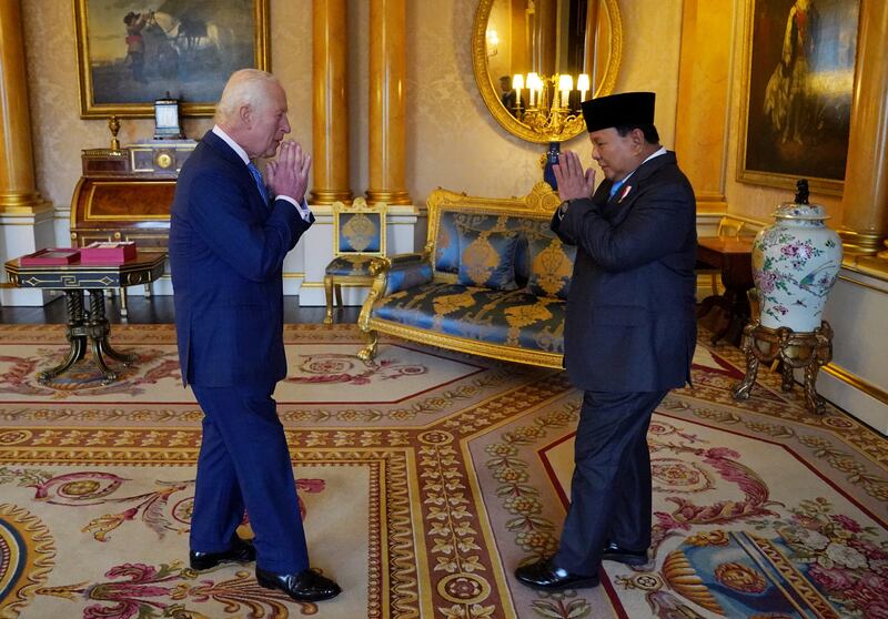 The King greets President Prabowo Subianto of the Republic of Indonesia at Buckingham Palace