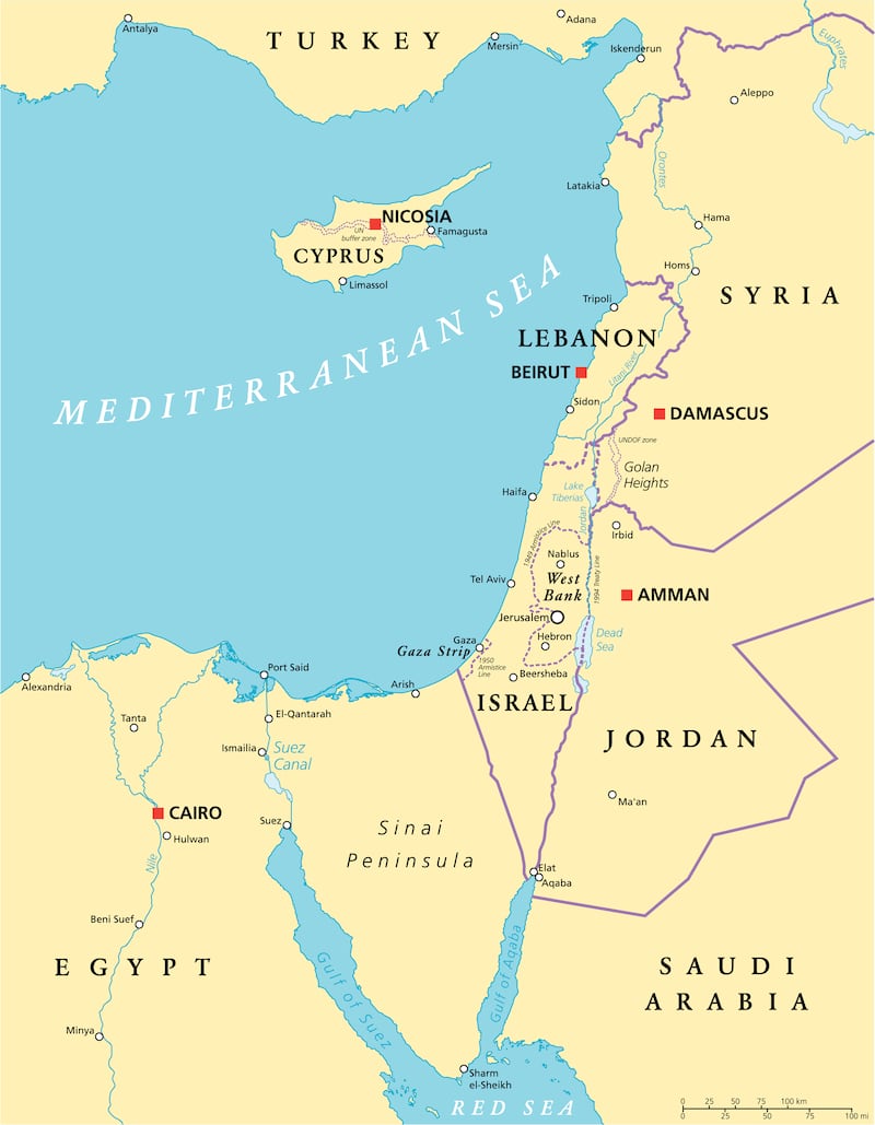 Eastern Mediterranean Political Map with capitals national borders, important cities, rivers and lakes. English labeling and scaling. Illustration.